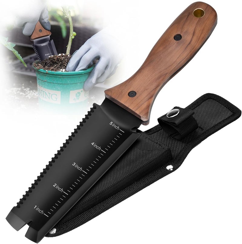 PERWIN Hori Hori Garden Knife, Garden Tools with Sheath, 6" Stainless Steel Blade with Cutting Edge, Full-Tang Walnut Ergonomic Wood Handle with Hanging Hole, Weeding, Planting, Digging - Image 1